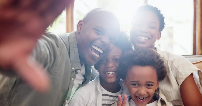 Happy black family, sofa and selfie in relax for photography, picture or memory together at home. Face of African mother, father and children smile for photograph or social media on couch at house