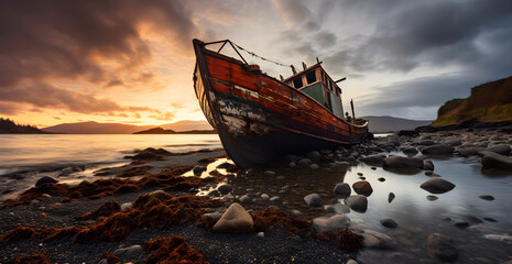 An old fishing vessel abandoned on the beach. Late afternoon.  - obrazy, fototapety, plakaty