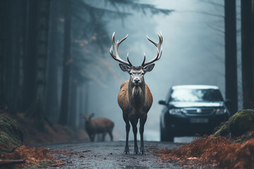 The car stopped due to a deer entering the road. A deer stands on the road in front of a car near the forest on a foggy morning. Empty road.