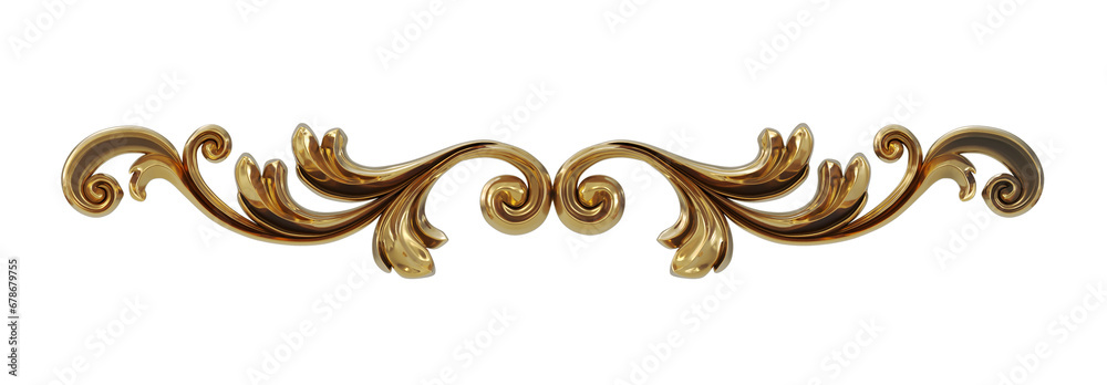 Wall mural 3d render of vintage gold baroque frame scroll, gold ornament on transparent background