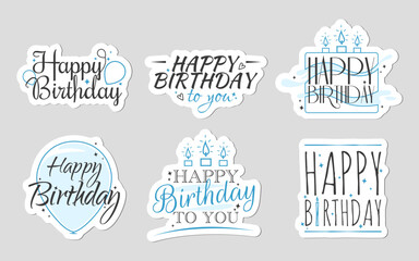 Set of Happy Birthday blue stickers with signs