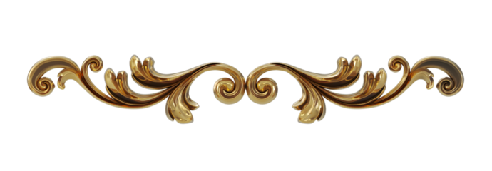 3D render of vintage gold baroque frame scroll, gold ornament on transparent background