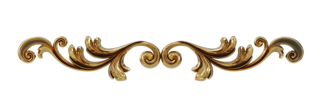 3D render of vintage gold baroque frame scroll, gold ornament on transparent background