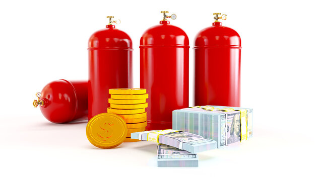 3D render of natural gas tank with golden dollar sign isolated on white background, LPG Gas bottle with sollar coins