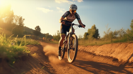mountain biker who is riding on a mountain path Cycling competition or challenge