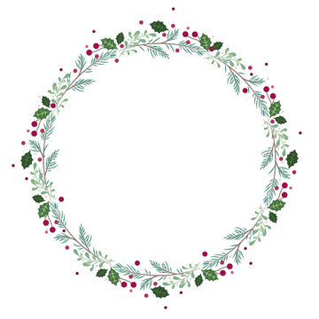 Cadre rond couronne de No&euml;l compos&eacute; de feuilles de pin, gui, houx et boules rouges, espace pour du texte au centre, vecteur traits fins &eacute;l&eacute;gant et cosy pour l'hiver et la saison des f&ecirc;tes 