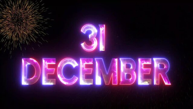 Glowing neon text icon 31 December with particle explosion animated video