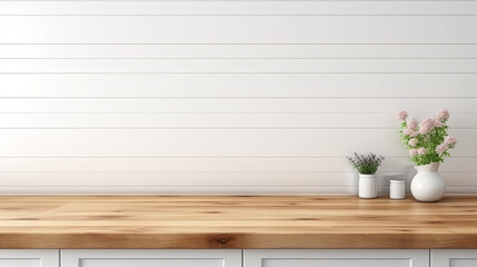 Wooden light empty table top in modern white kitchen, kitchen panel in interior