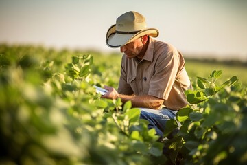 Agricultural Engineer Analyzing Soybean Health in Field on Summer Day