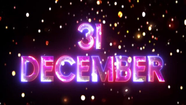 Glowing neon text icon 31 December with golden glowing particle animated video