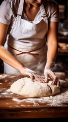 Obraz na płótnie Canvas Dedicated female baker kneading bread dough on floured bakery table. Shallow field of view.