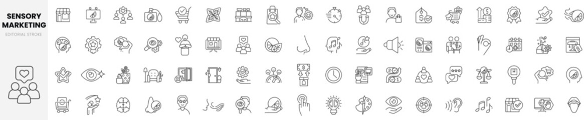 Set of linear sensory marketing icons. Thin outline icons pack. Vector illustration - obrazy, fototapety, plakaty