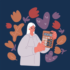 Cartoon vector illustration of Young smiling successful employee business secretary woman corporate lawyer in classic formal white shirt work in office hold in hands calculator isolated o 