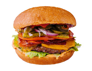 burger with beef, tomato, cheese, bacon and lettuce isolated