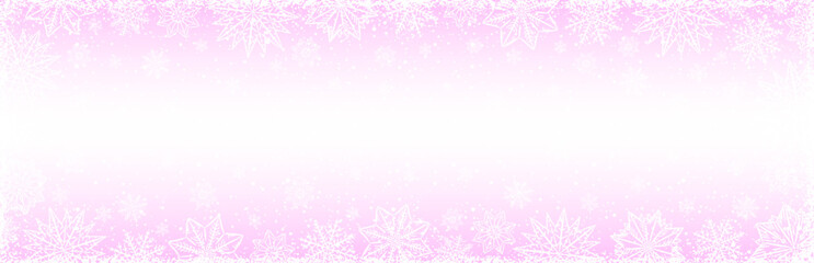 Pink Christmas banner with snowflakes and stars. Merry Christmas and Happy New Year greeting banner. Horizontal new year background, headers, posters, cards, website. Vector illustration