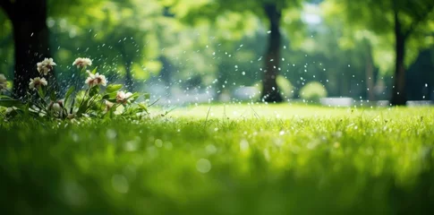Schilderijen op glas  sprinkler spraying water on green grass © grigoryepremyan