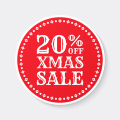 20% off. Xmas sale label, sticker or icon. Christmas discount banner. 20 percent price off sign, logo or circle badge design. Vector illustration.