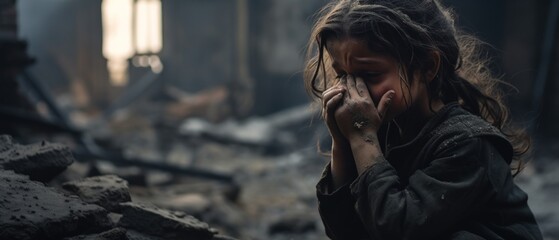 Portrait little girls crying in the ruins of buildings caused by war. AI generated