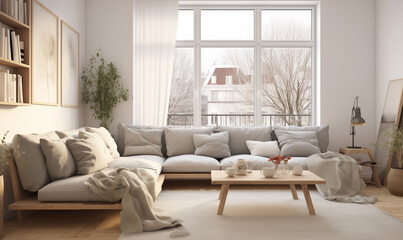 Cozy apartment interior inspired by Scandinavian design with big couch
