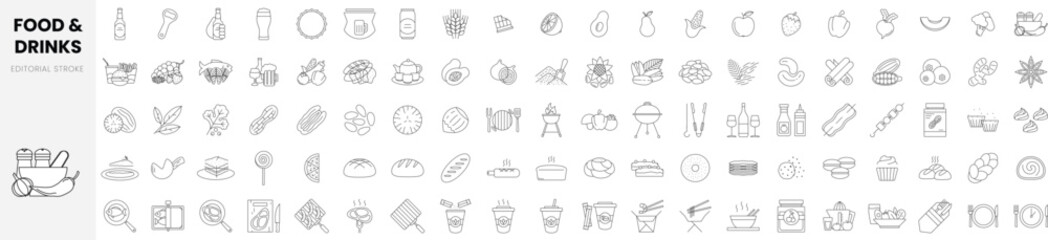 Set of linear food and drink icons. Thin outline icons pack. Vector illustration - obrazy, fototapety, plakaty