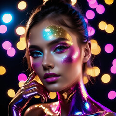 Portrait of a beautiful young woman with bright glitter makeup posing in mixed color neon light. Beauty trends. Generative AI.