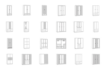Wardrobe set. Сabinets. Line icons. 24 icons. 