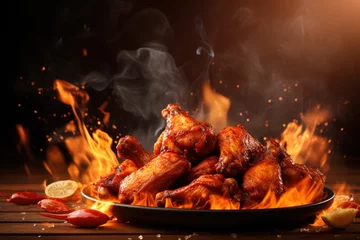 Fotobehang Chicken wings on fire background © Artgalax