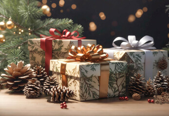 Fototapeta na wymiar christmas and new year background - gift boxes on the background of bokeh garlands