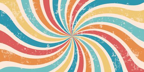 Retro colorful backdrop with bright swirl stripes, groovy background with scuffed texture, old style abstract and empty banner. Vector illustration.