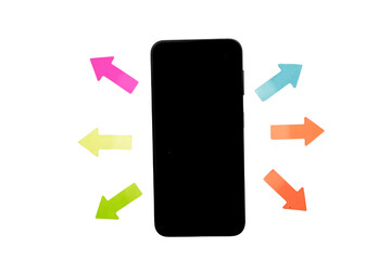 Empty mobile phone screen with colorful sticker paper tape with arrow symbol