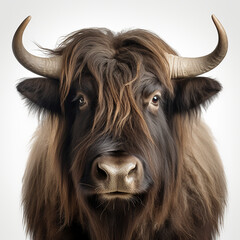 a long haired Yak Buffalo portrayed in studio on a white background tion created with Generative Ai