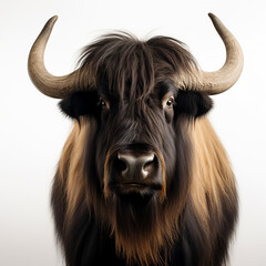 a long haired Yak Buffalo portrayed in studio on a white background tion created with Generative Ai