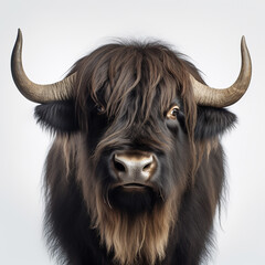 a long haired Yak Buffalo portrayed in studio on a white background tion created with Generative Ai