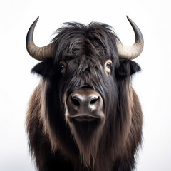 a long haired Yak Buffalo portrayed in studio on a white background tion created with Generative Ai