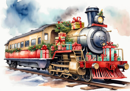 Watercolor style christmas train and postcard style. Merry christmas and happy new year concept