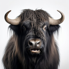 a long haired Yak Buffalo portrayed in studio on a white background tion created with Generative Ai