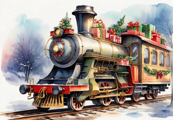 Naklejka premium Watercolor style christmas train and postcard style. Merry christmas and happy new year concept