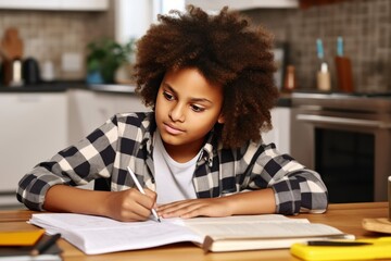 An African American boy sits and does her homework at the table at home. He writes down solutions of tasks in her notebook.