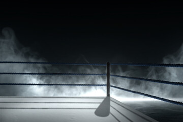 Boxing ring corner surrounded by blue ropes
