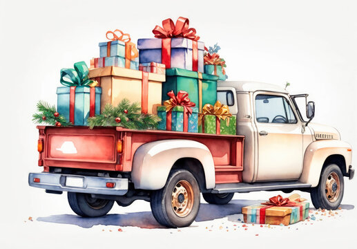 Merry Christmas Postcard or Poster or Flyer template with retro pickup truck with christmas tree.watercolor illustration
