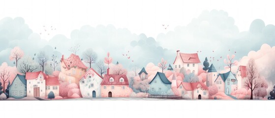 Hand drawn country village cartoon on pastel color background. AI generated