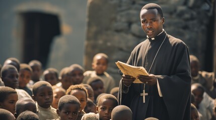 Black African pastor or priest preaching in village outside to group of poor looking children. - obrazy, fototapety, plakaty