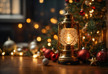 christmas lantern. christmas and new year background - lantern on the background of bokeh garlands