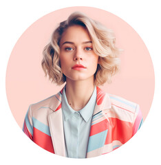 Young beautiful blonde woman with a bob in a colorful jacket. Round portrait of a modern woman with blue eyes for userpic and profile picture. Isolated on a transparent background. - obrazy, fototapety, plakaty