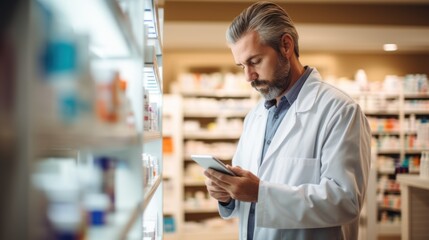 pharmacist scrolling on digital tablet checking medication walking through isles in pharmacy