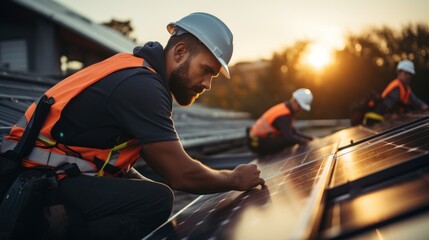 Engineers connecting cables while installing photovoltaic solar panels on roof of house.