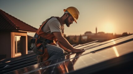 Engineers connecting cables while installing photovoltaic solar panels on roof of house. - obrazy, fototapety, plakaty