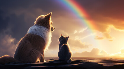 Cat and dog looking at rainbow - concept of pets passing away - obrazy, fototapety, plakaty