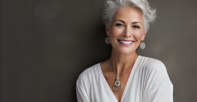  A blonde older woman with grey hair smiling