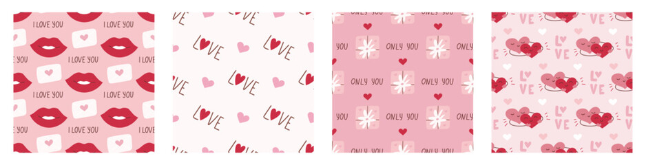 Set of seamless patterns for Valentine s Day. Romantic vector backgrounds. Ornament for postcards, wallpapers, wrapping pape